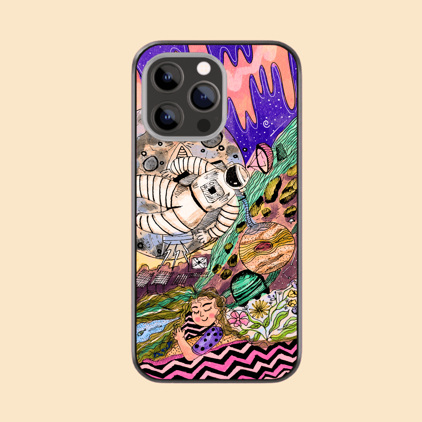 Hand-drawn Glass Phone Case - Space Doodle