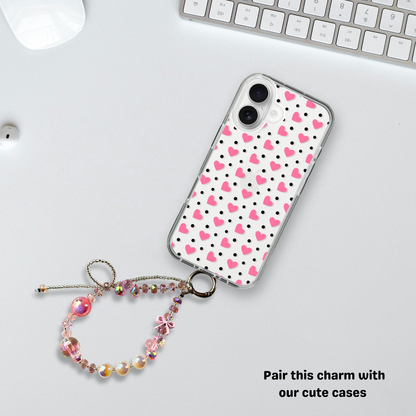 Glittery charm with bow & Pink beads- Phone & Bag Fashion Charm