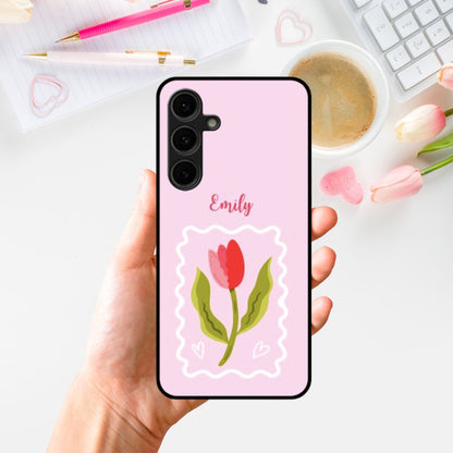 Custom Name Pink Tulip Glass Phone Case
