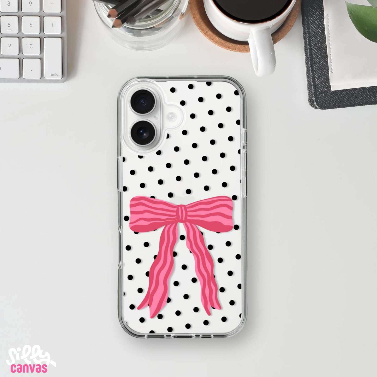 Pretty in Polka Pink Bow Charm Case - Silicone Clear Case with Charm