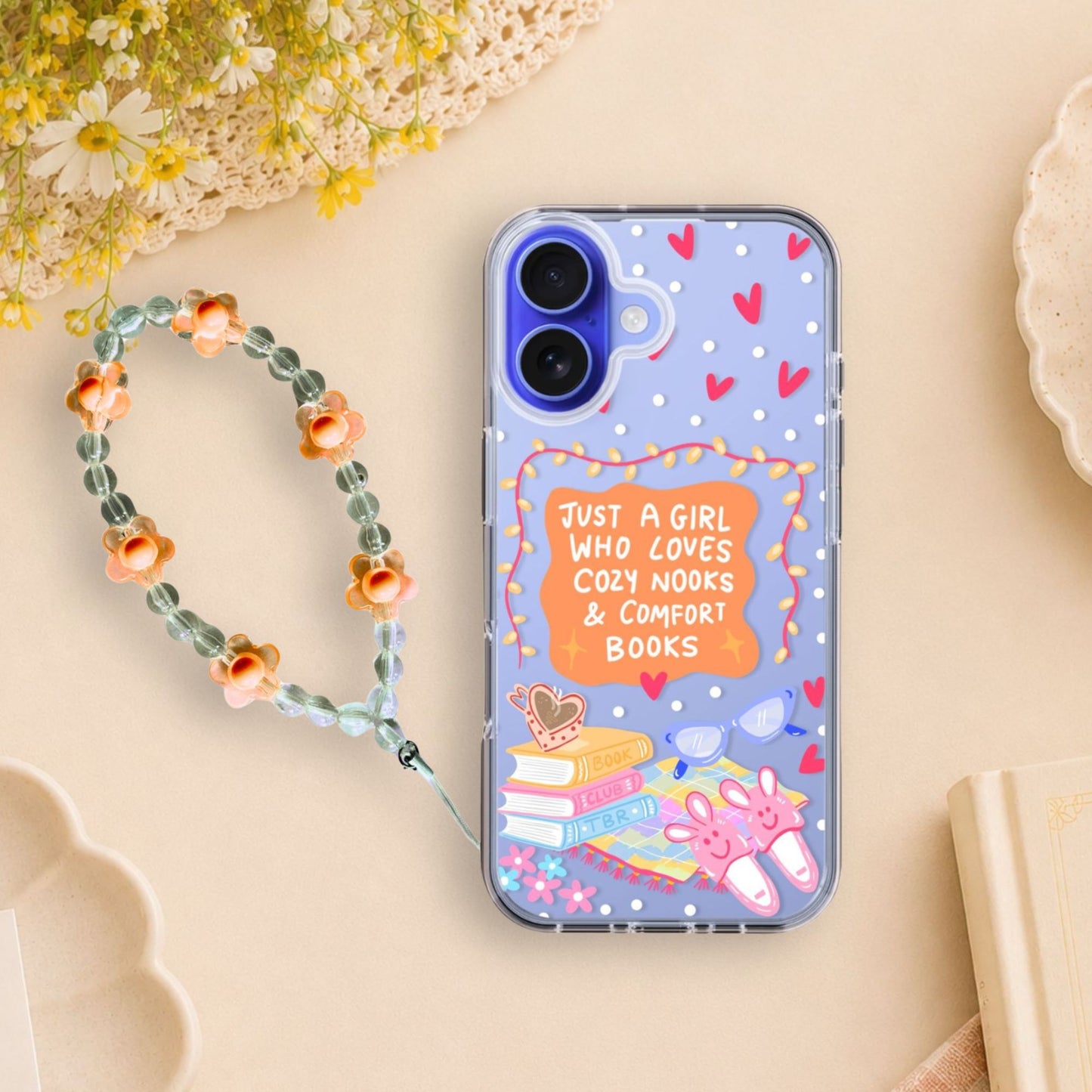 Cozy Book Lover Clear Silicone Phone Case with Orange Charm