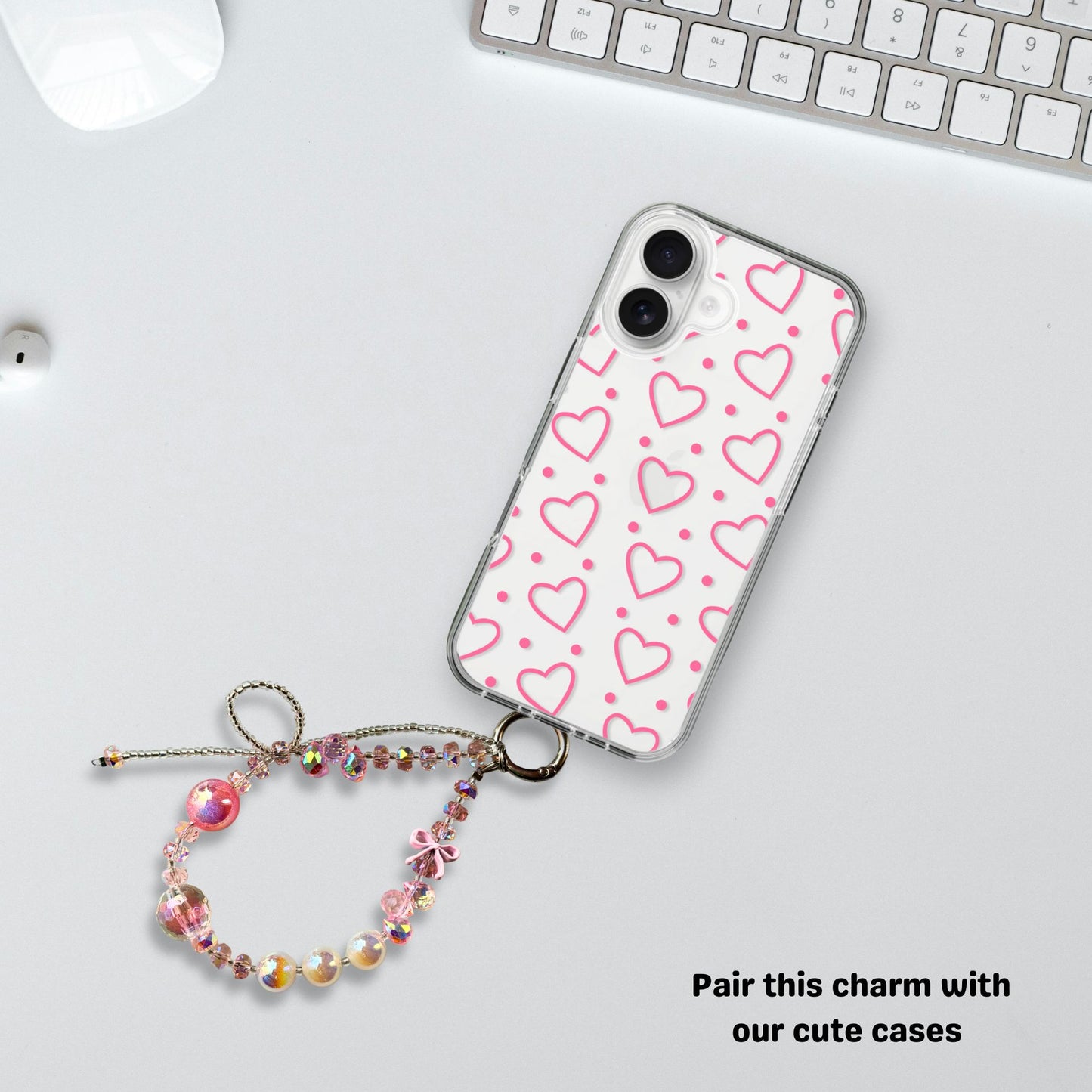 Glittery charm with bow & Pink beads- Phone & Bag Fashion Charm