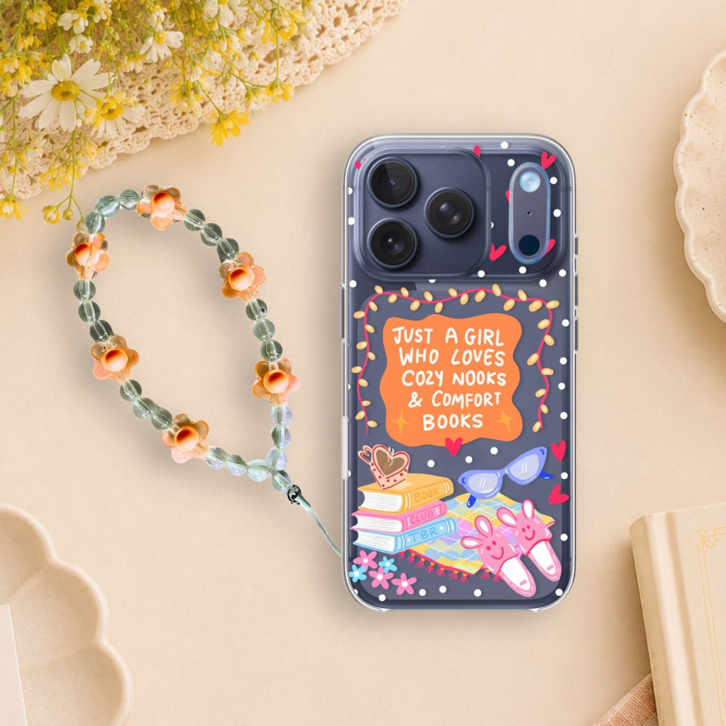 Cozy Book Lover Clear Silicone Phone Case with Orange Charm