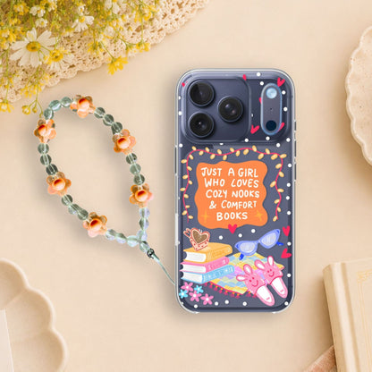 Cozy Book Lover Clear Silicone Phone Case with Orange Charm