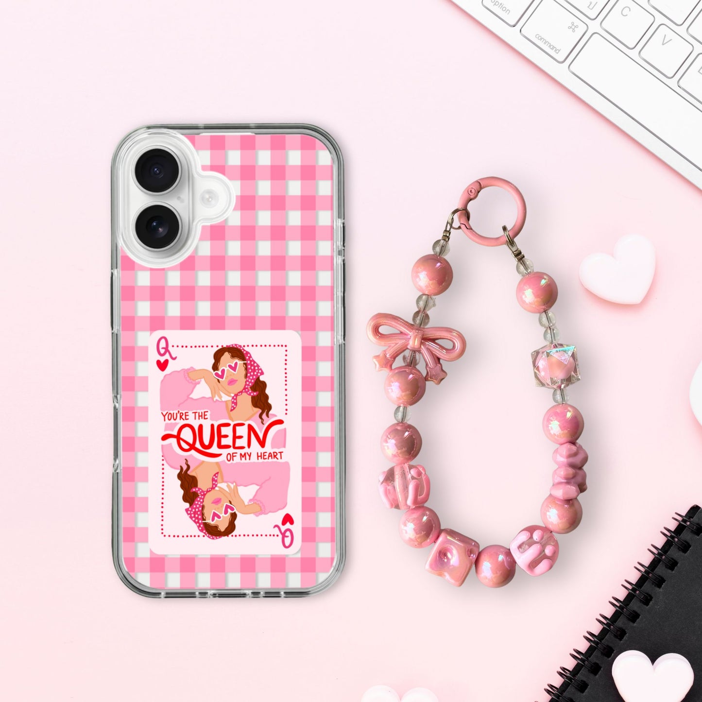Silicone Clear Case with Pink Charm Queen of Hearts