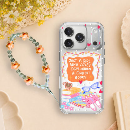 Cozy Book Lover Clear Silicone Phone Case with Orange Charm