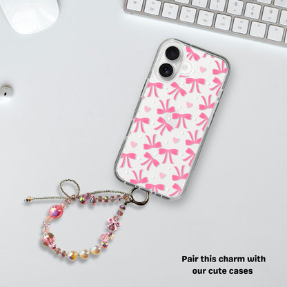 Glittery charm with bow & Pink beads- Phone & Bag Fashion Charm