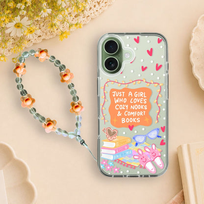 Cozy Book Lover Clear Silicone Phone Case with Orange Charm