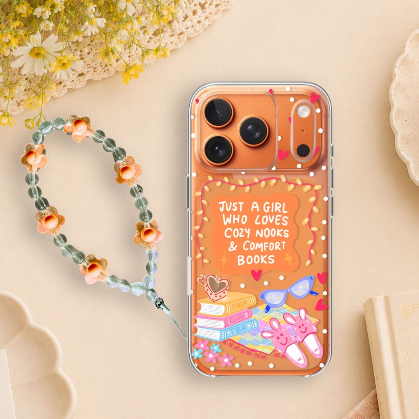 Cozy Book Lover Clear Silicone Phone Case with Orange Charm