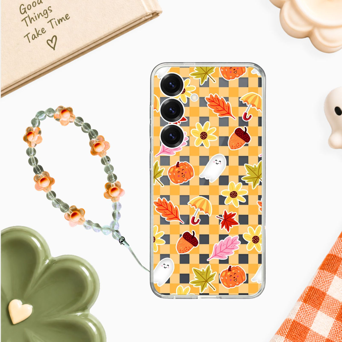 Autumn Gingham Clear Silicone Case with Charm