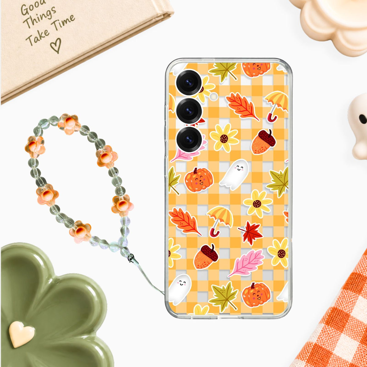 Autumn Gingham Clear Silicone Case with Charm