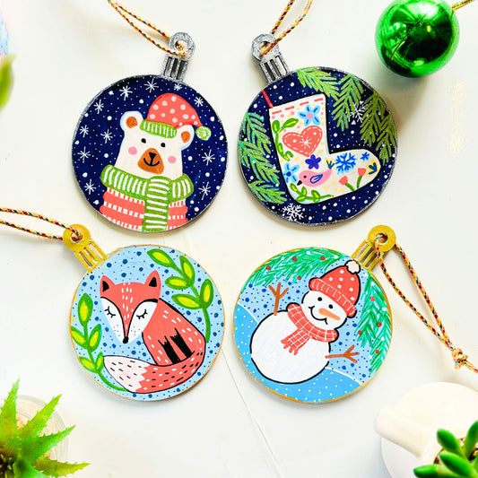 Set of 4 - Hand-painted Christmas Ornaments (Blue)