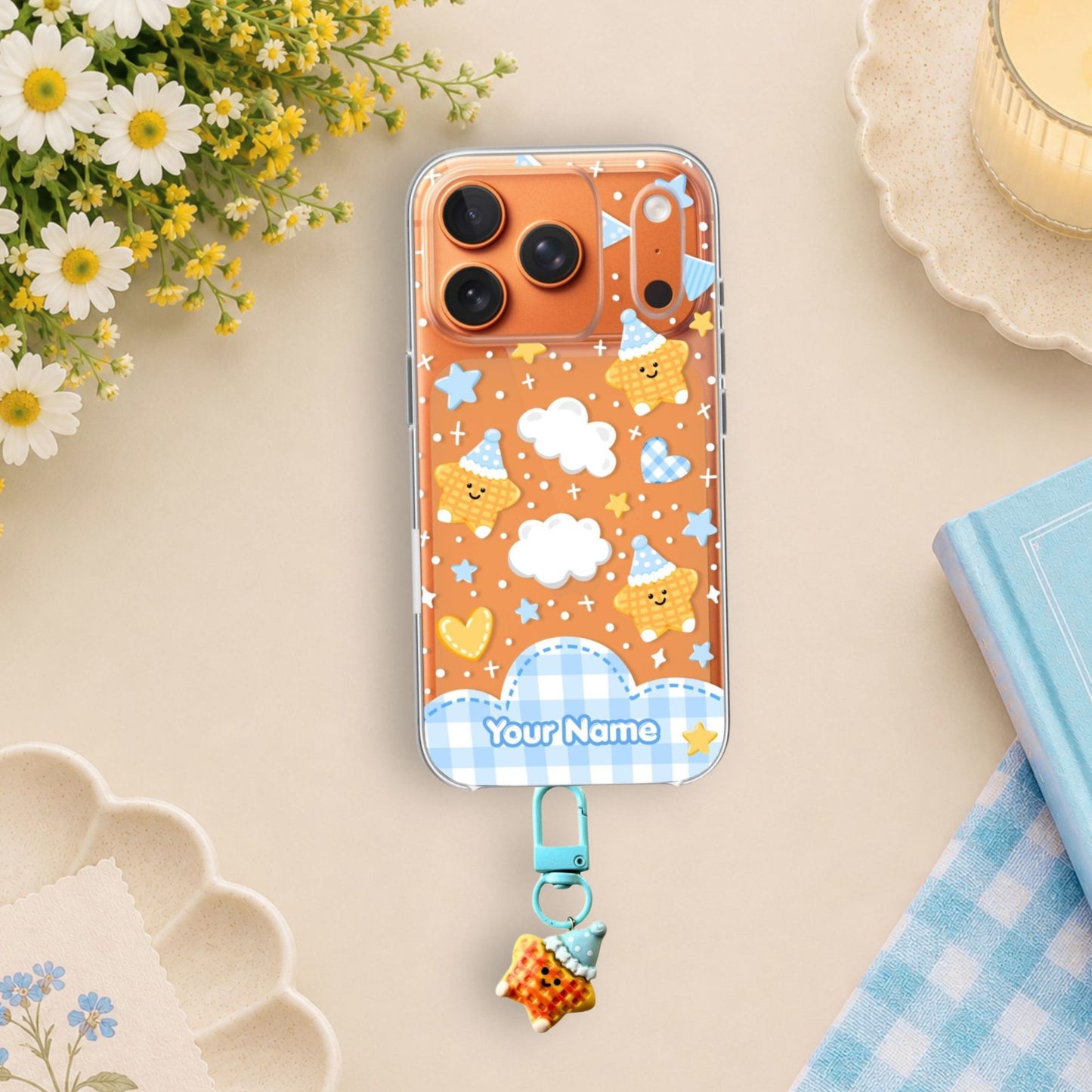 Cute Waffle Star Clear Silicone Phone Case with Small Charm