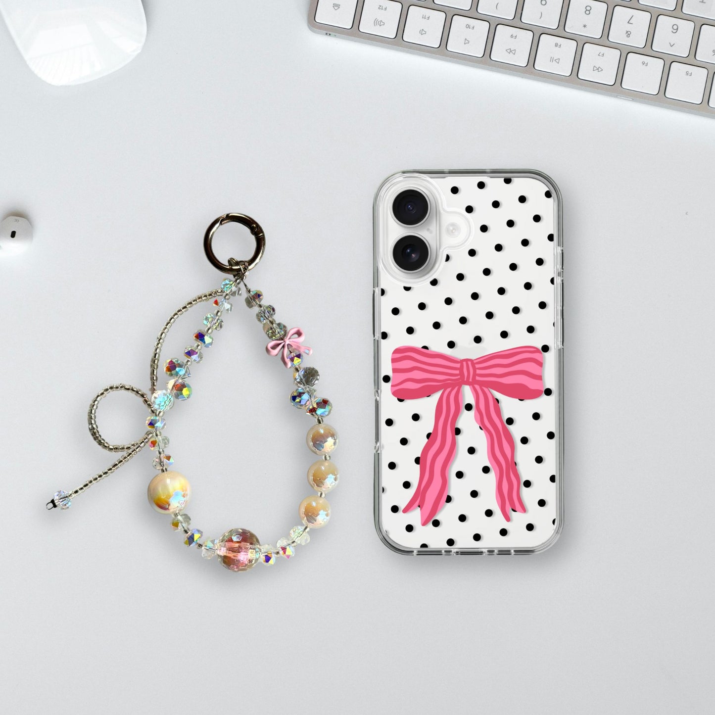 Pretty in Polka Pink Bow Charm Case - Silicone Clear Case with Charm