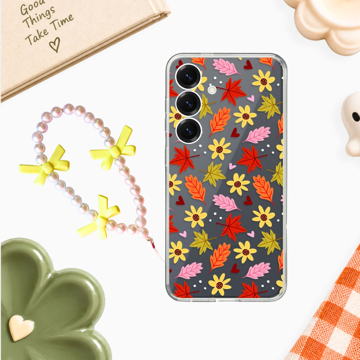 Fall Leaves & Daisies Clear Silicone Case with Charm