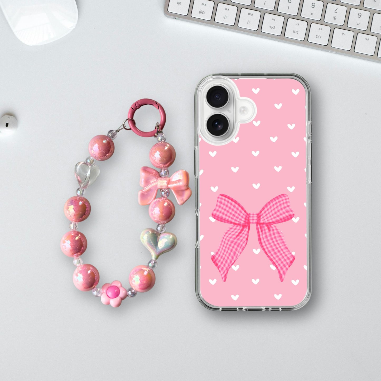 Soft Hearts & Pink Bow Charm Case - Silicone Clear Case with Charm