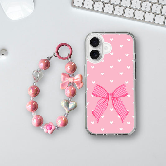 Soft Hearts & Pink Bow Charm Case - Silicone Clear Case with Charm