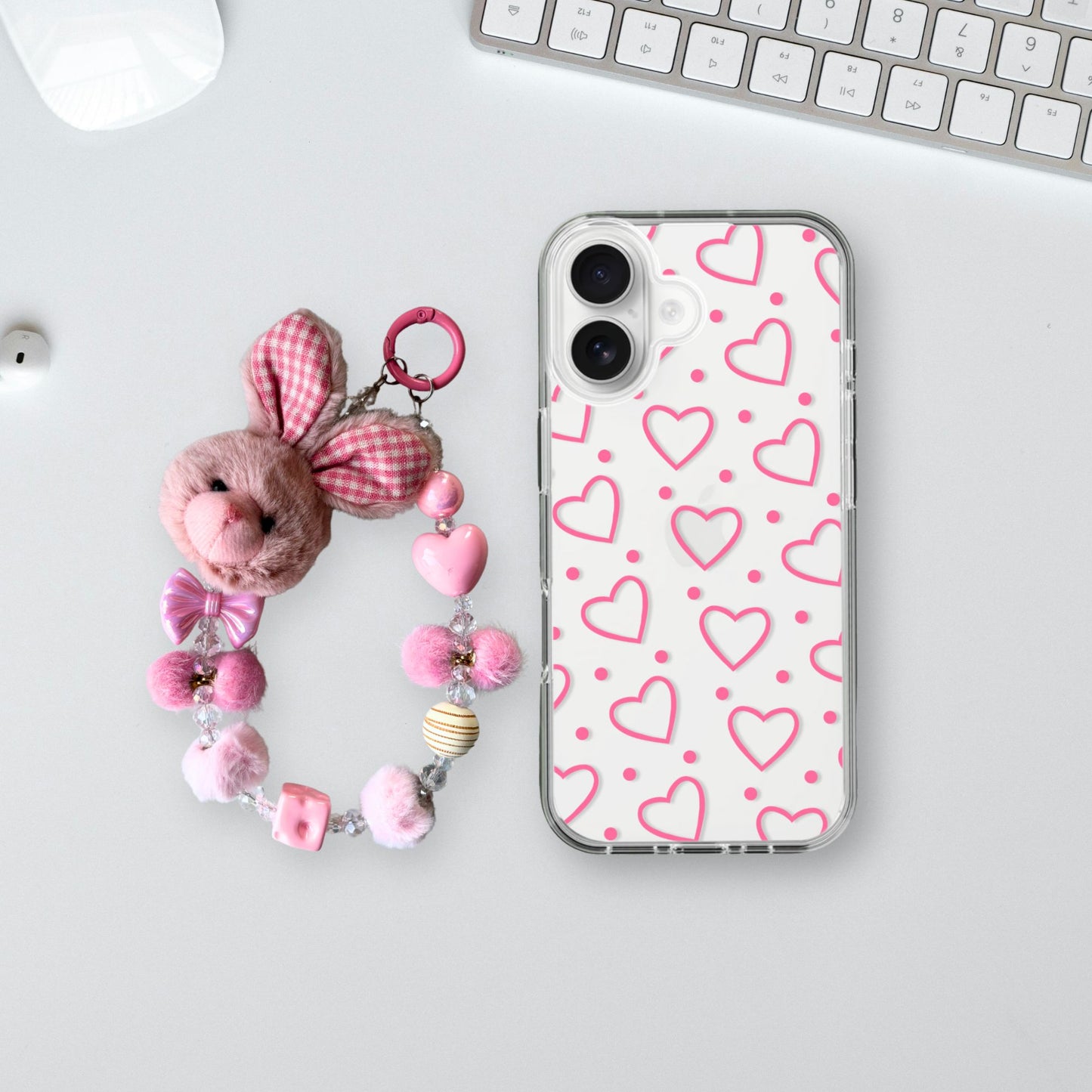 Hearts Charm Case - Silicone Clear Case with Charm