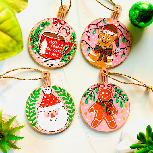 Set of 4 - Hand-painted Christmas Ornaments (Pink & Red)