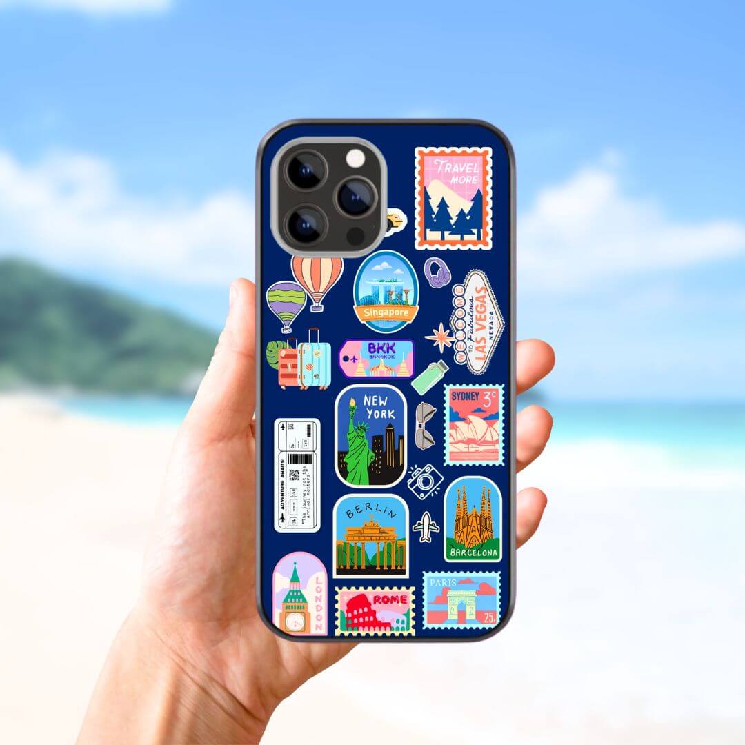 Travel Stickers Blue Glass & Hybrid Matte Phone Case