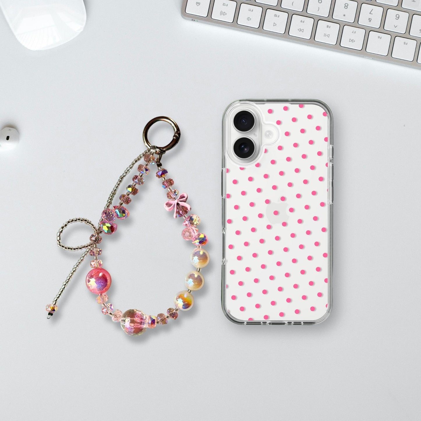 Pink Polka Dots Charm Case - Silicone Clear Case with Charm