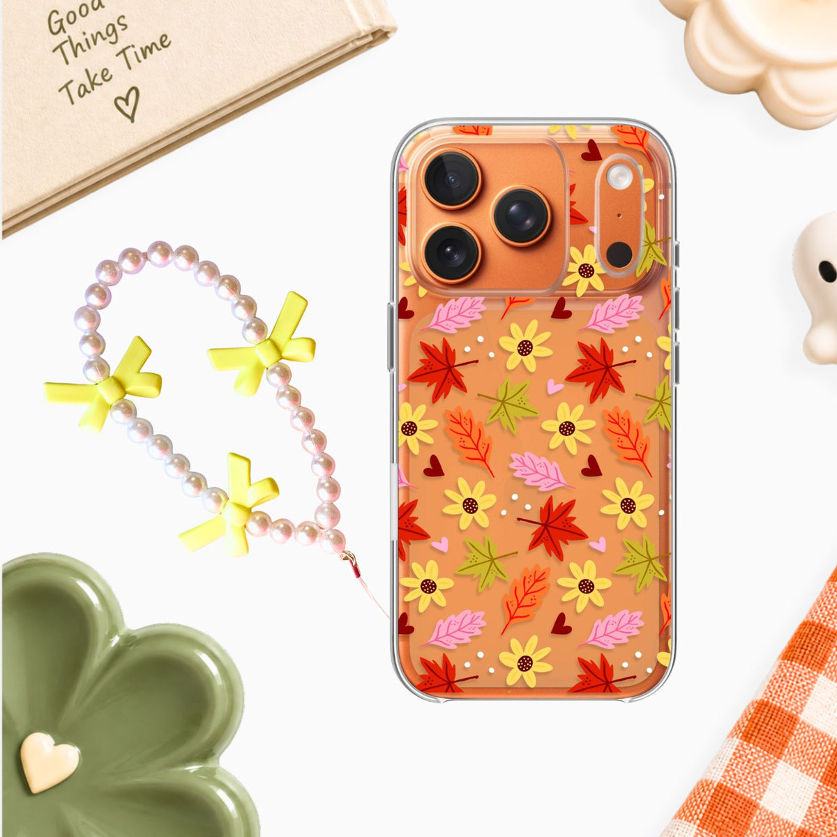 Fall Leaves & Daisies Clear Silicone Case with Charm
