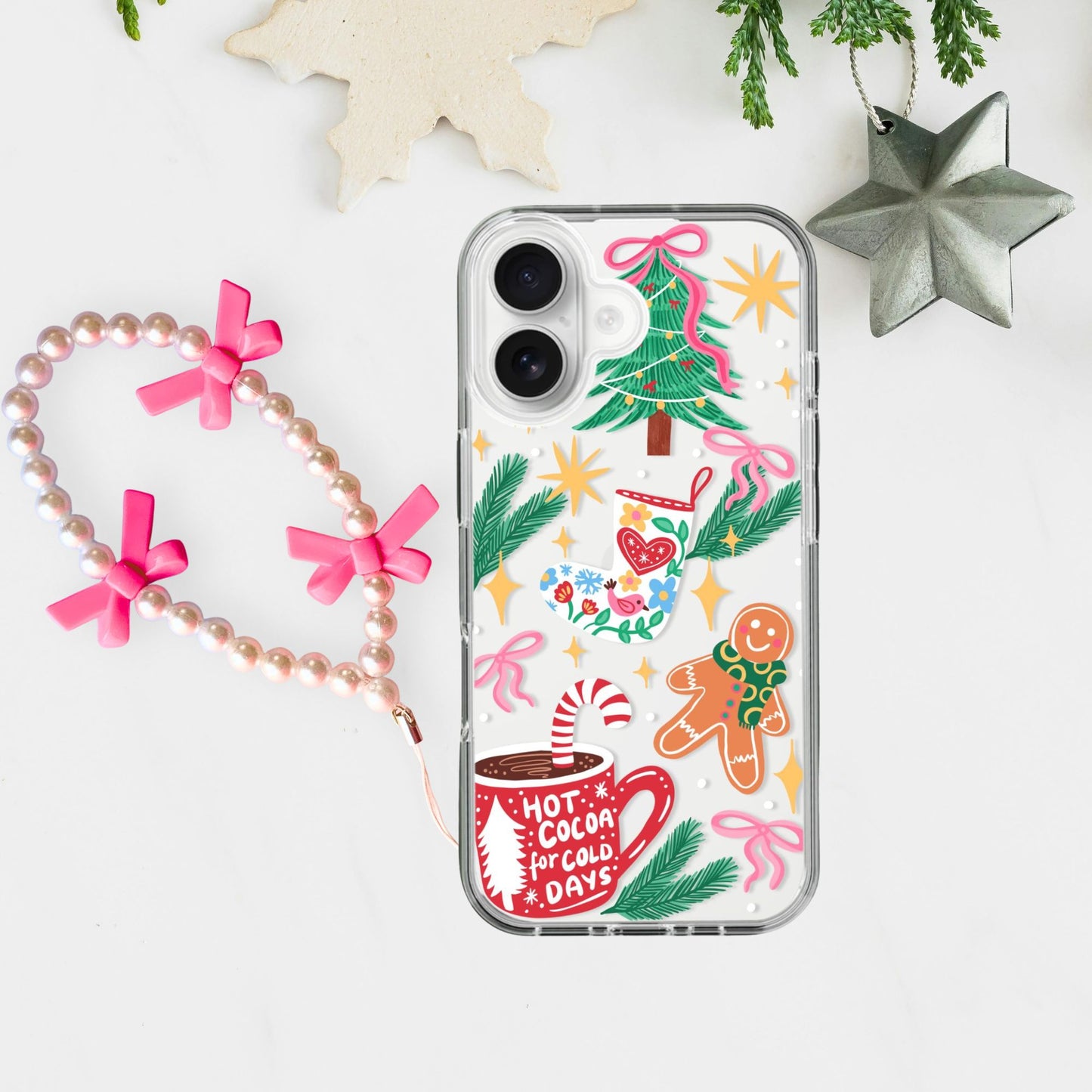 Silicone Clear Case with Pink Bow Charm Christmas Hot Cocoa