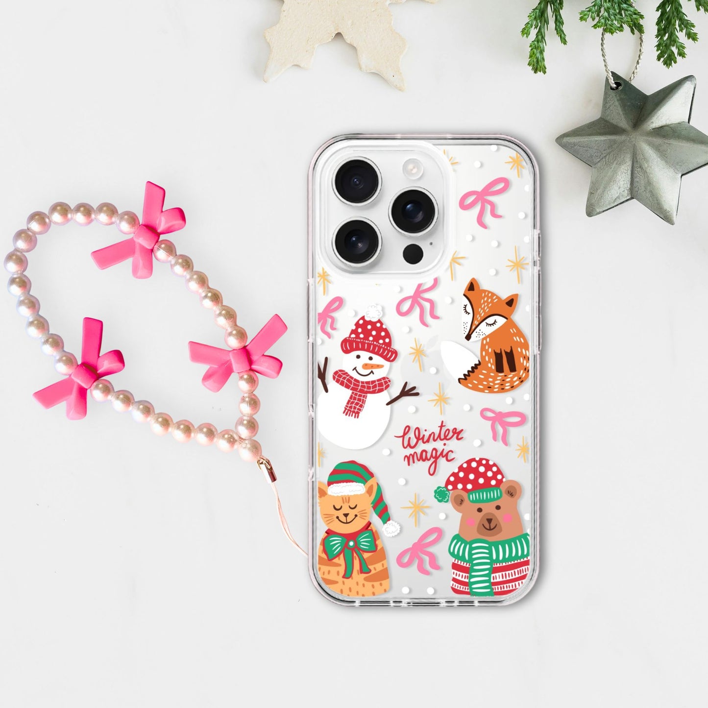 Silicone Clear Case with Pink Bow Charm Christmas Winter Magic