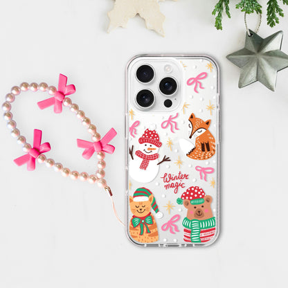 Silicone Clear Case with Pink Bow Charm Christmas Winter Magic