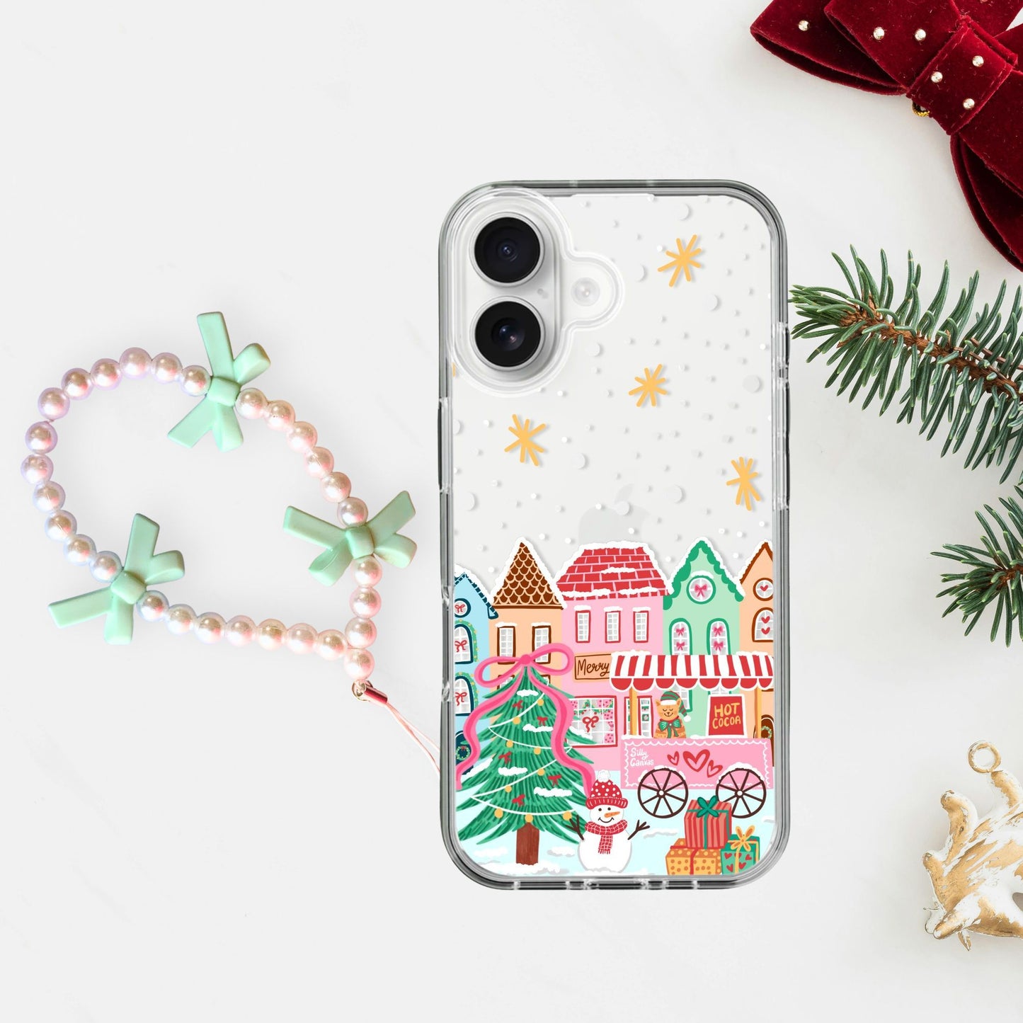 Silicone Clear Case with Green Bow Charm Christmas Village