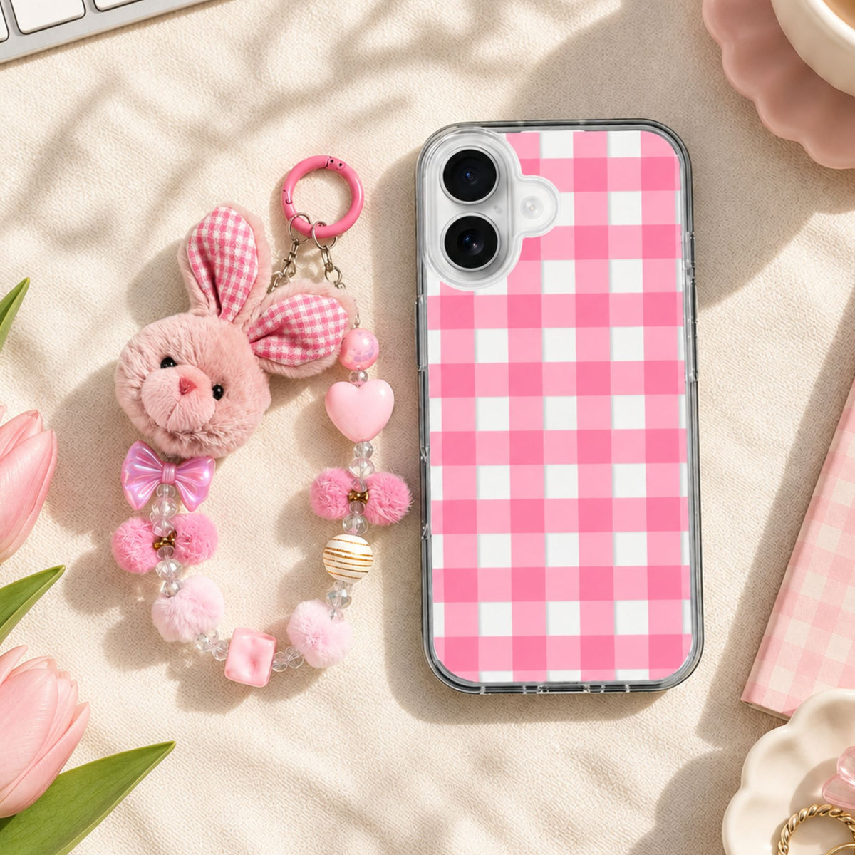 Strawberry Picnic Checks Charm Case - Silicone Clear Case with Charm