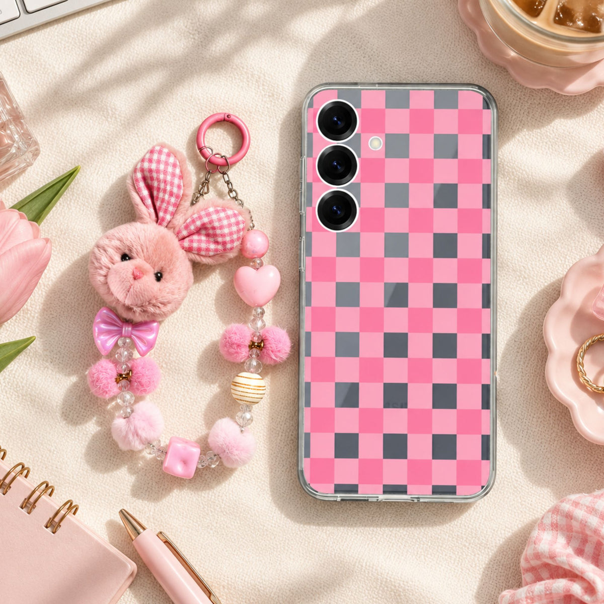 Strawberry Picnic Checks Charm Case - Silicone Clear Case with Charm