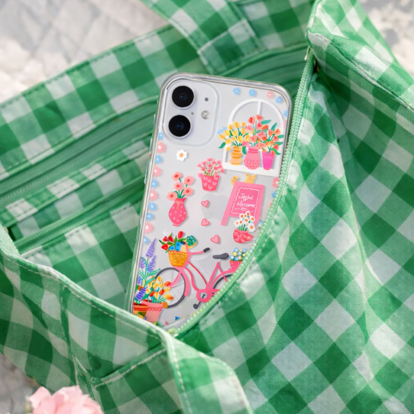 Silicone Clear Case with Pink Charm Flower Market