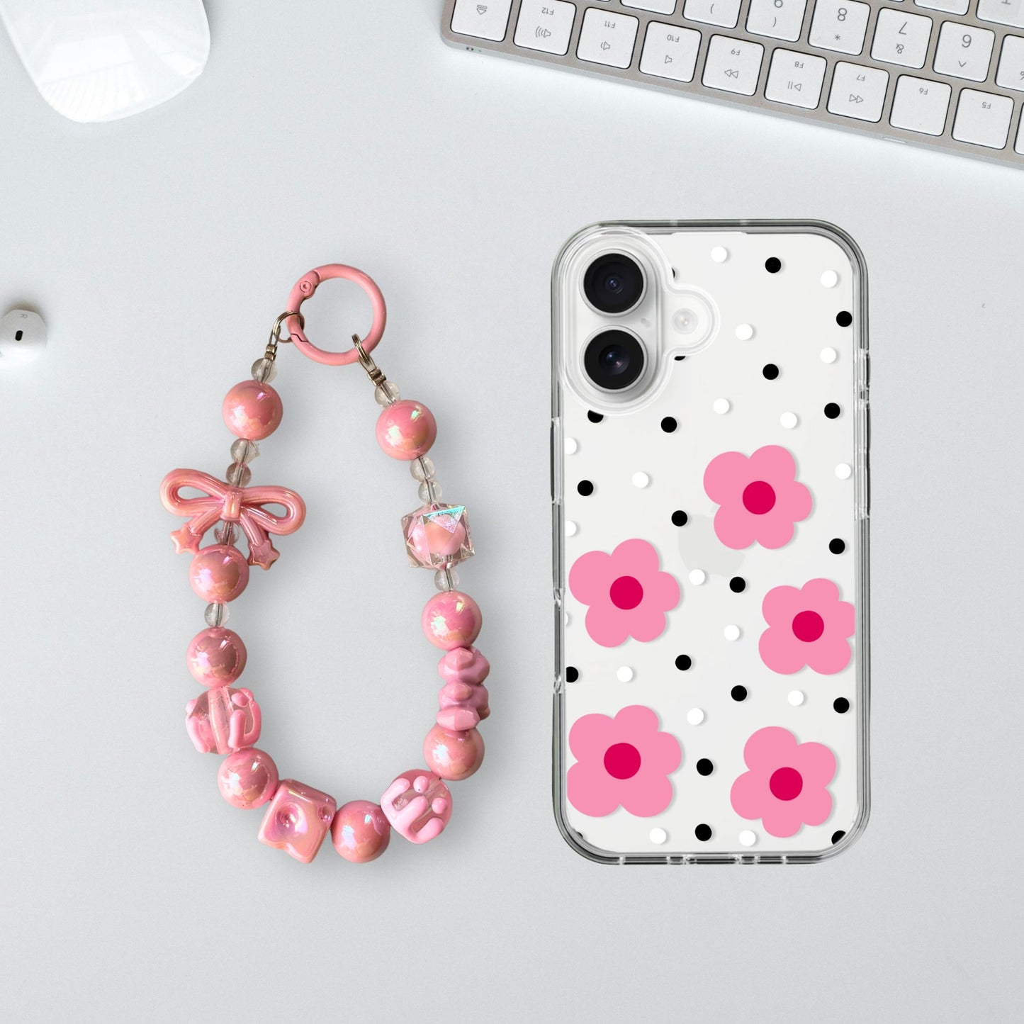 Flower Polka Dots Charm Case - Silicone Clear Case with Charm