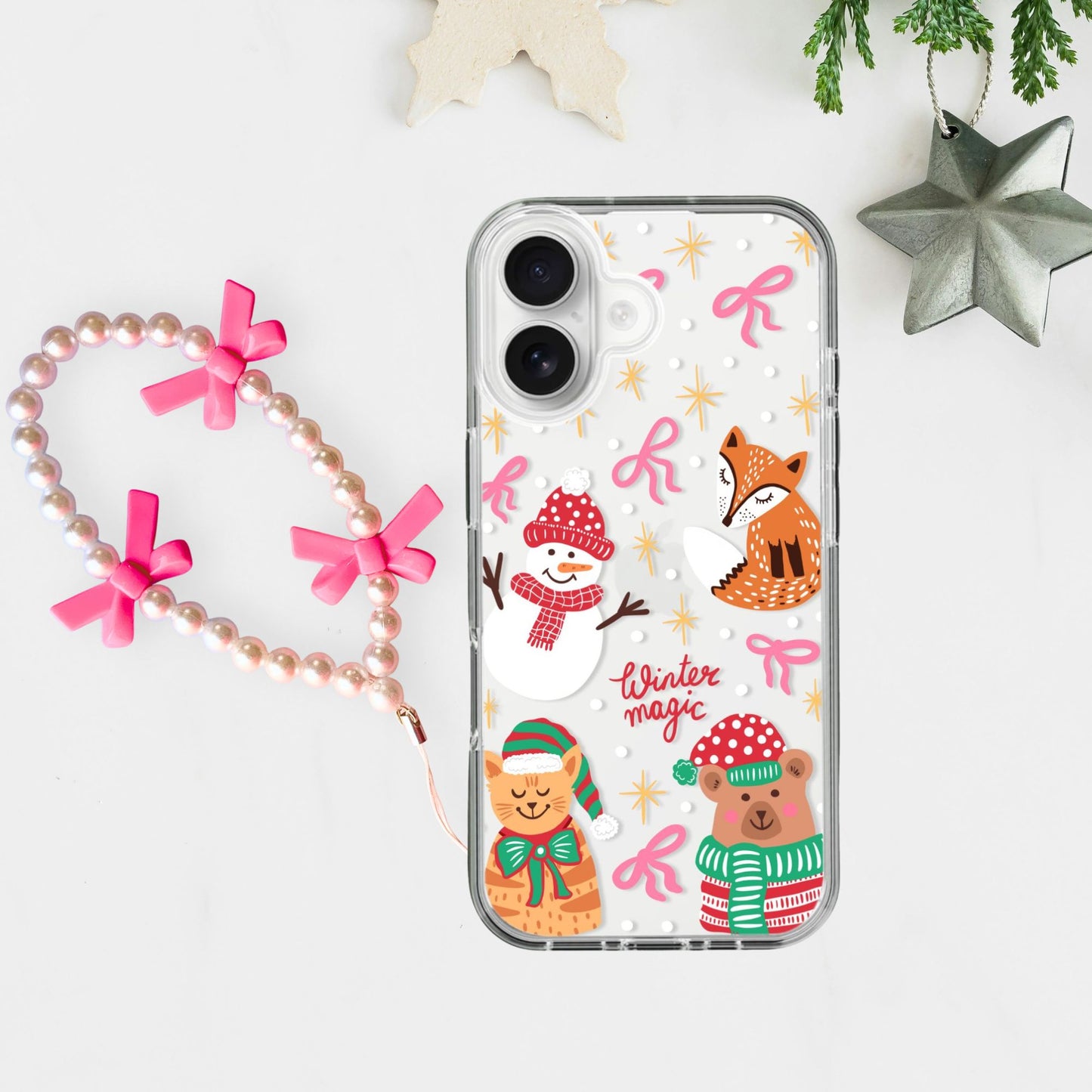 Silicone Clear Case with Pink Bow Charm Christmas Winter Magic
