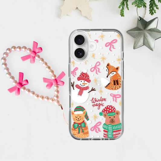 Silicone Clear Case with Pink Bow Charm Christmas Winter Magic
