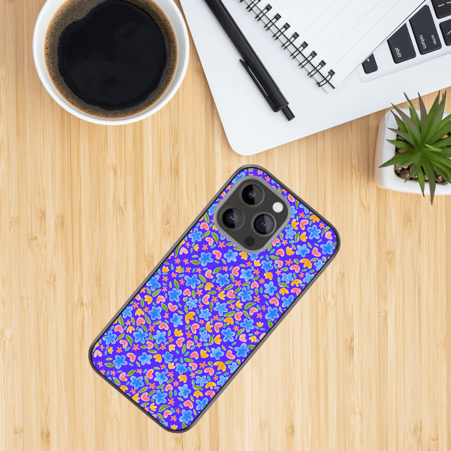 Watercolour floral pattern blue Glass Phone Case