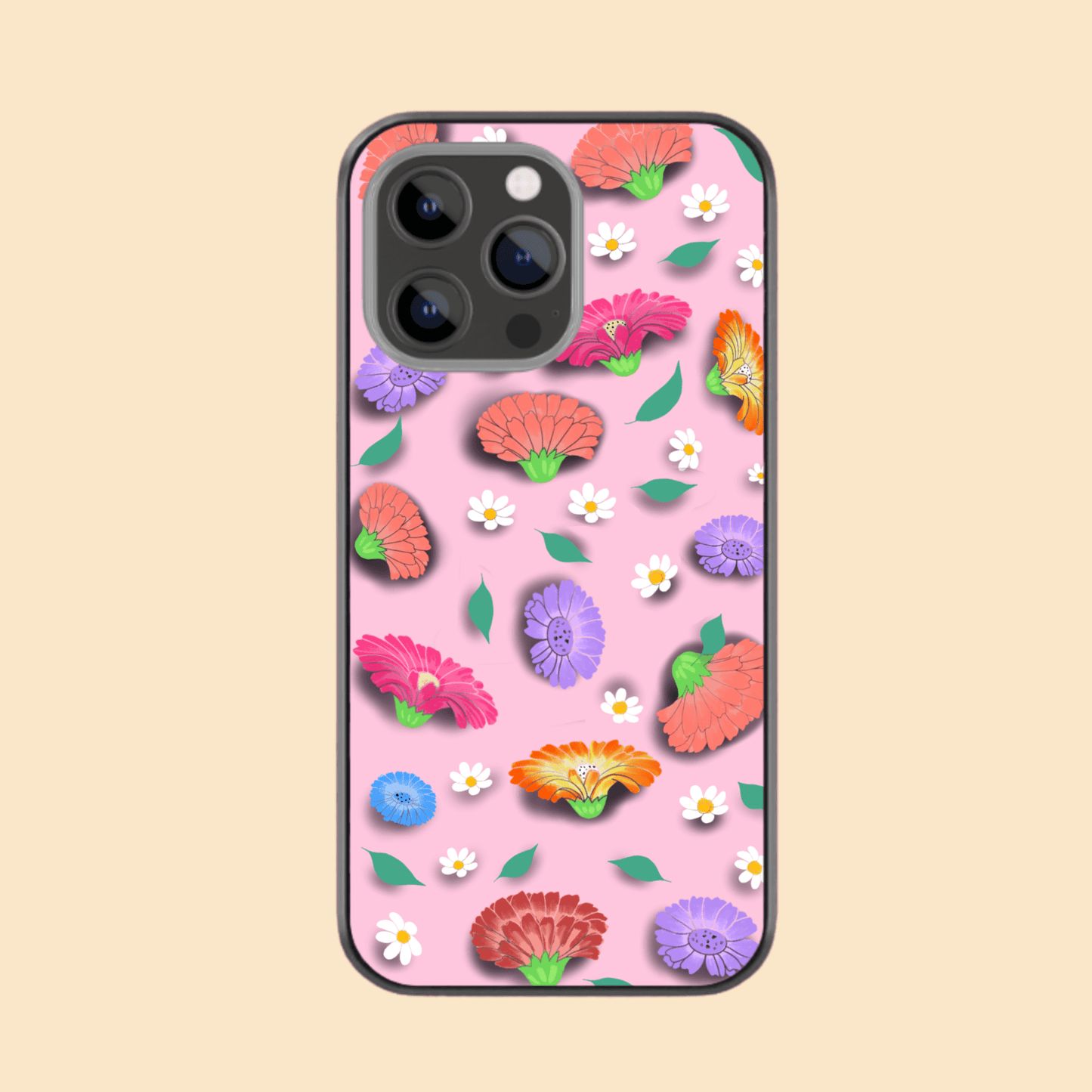 Hand-drawn Glass Phone Case - Pink Flowers
