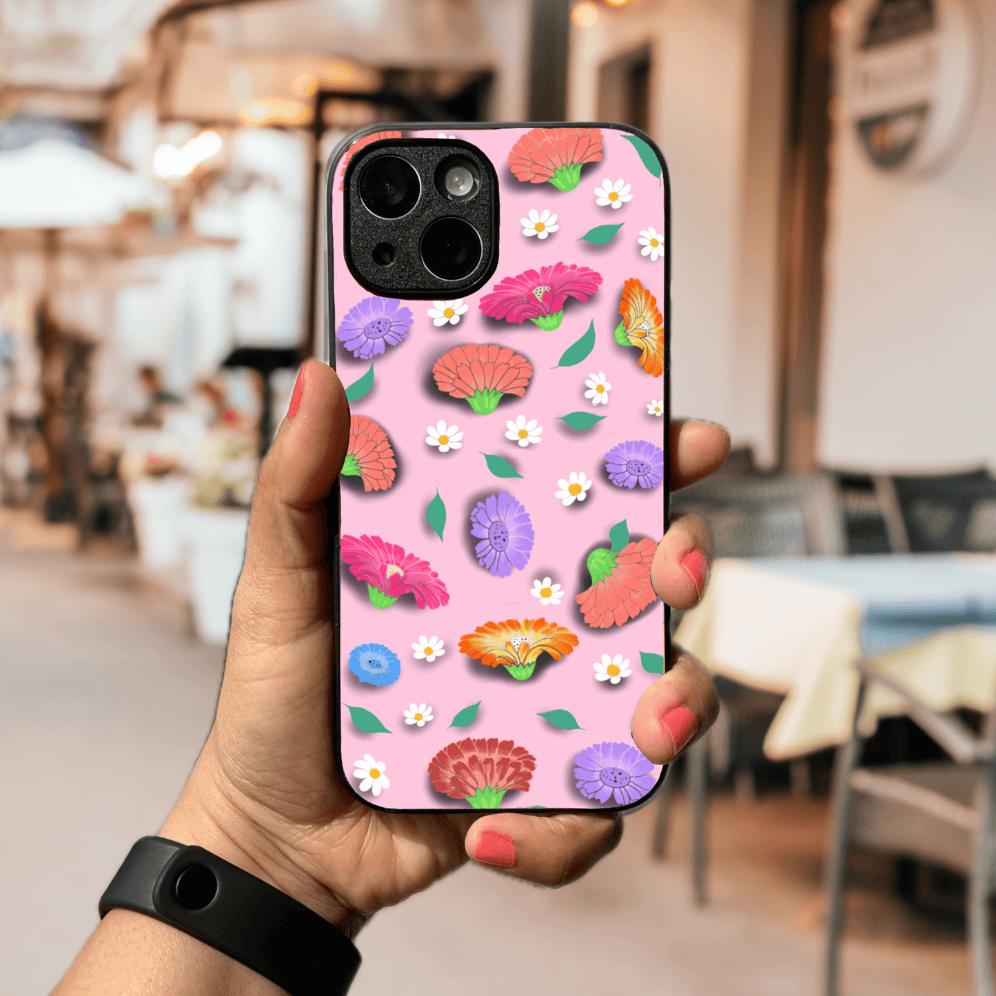 Hand-drawn Glass Phone Case - Pink Flowers