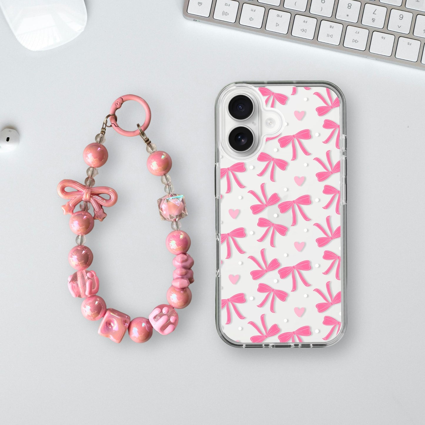 Bows & Hearts Charm Case - Silicone Clear Case with Charm