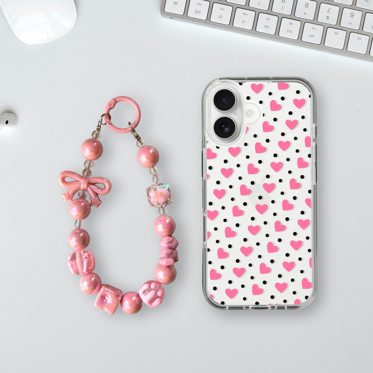 Hearts Charm Case - Silicone Clear Case with Charm