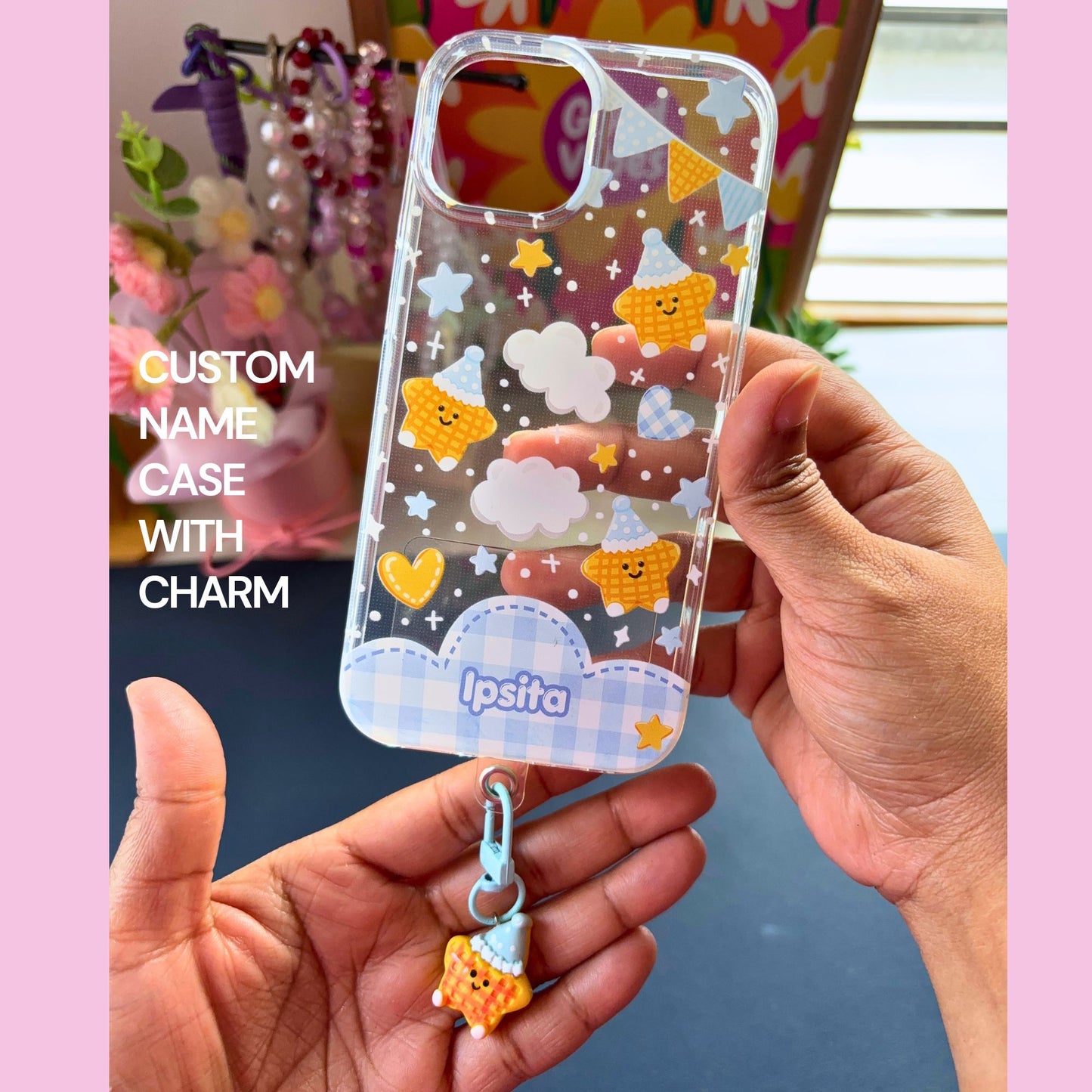 Cute Waffle Star Clear Silicone Phone Case with Small Charm