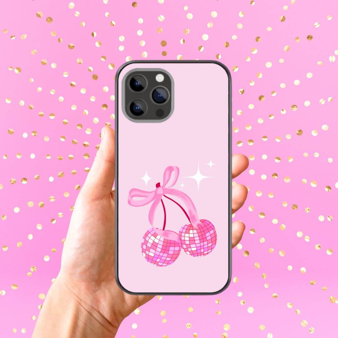 Disco Ball Cherry Coquette Pink Glass Phone Case