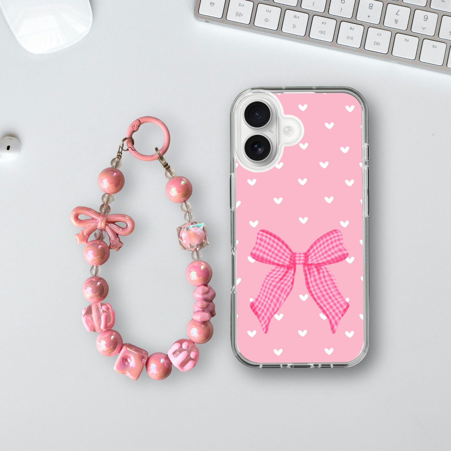 Soft Hearts & Pink Bow Charm Case - Silicone Clear Case with Charm