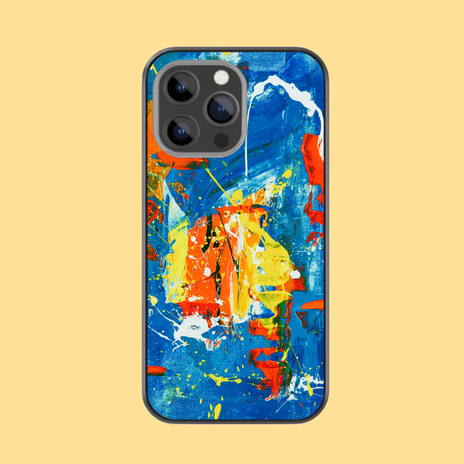 This glass phone case features abstract art with blue, orange and yellow paint and red highlights, giving it an aesthetic and artsy vibe. It's one of the elegant iphone cases, perfect for turning heads. Available as an iPhone case, OnePlus case, or Samsung case.