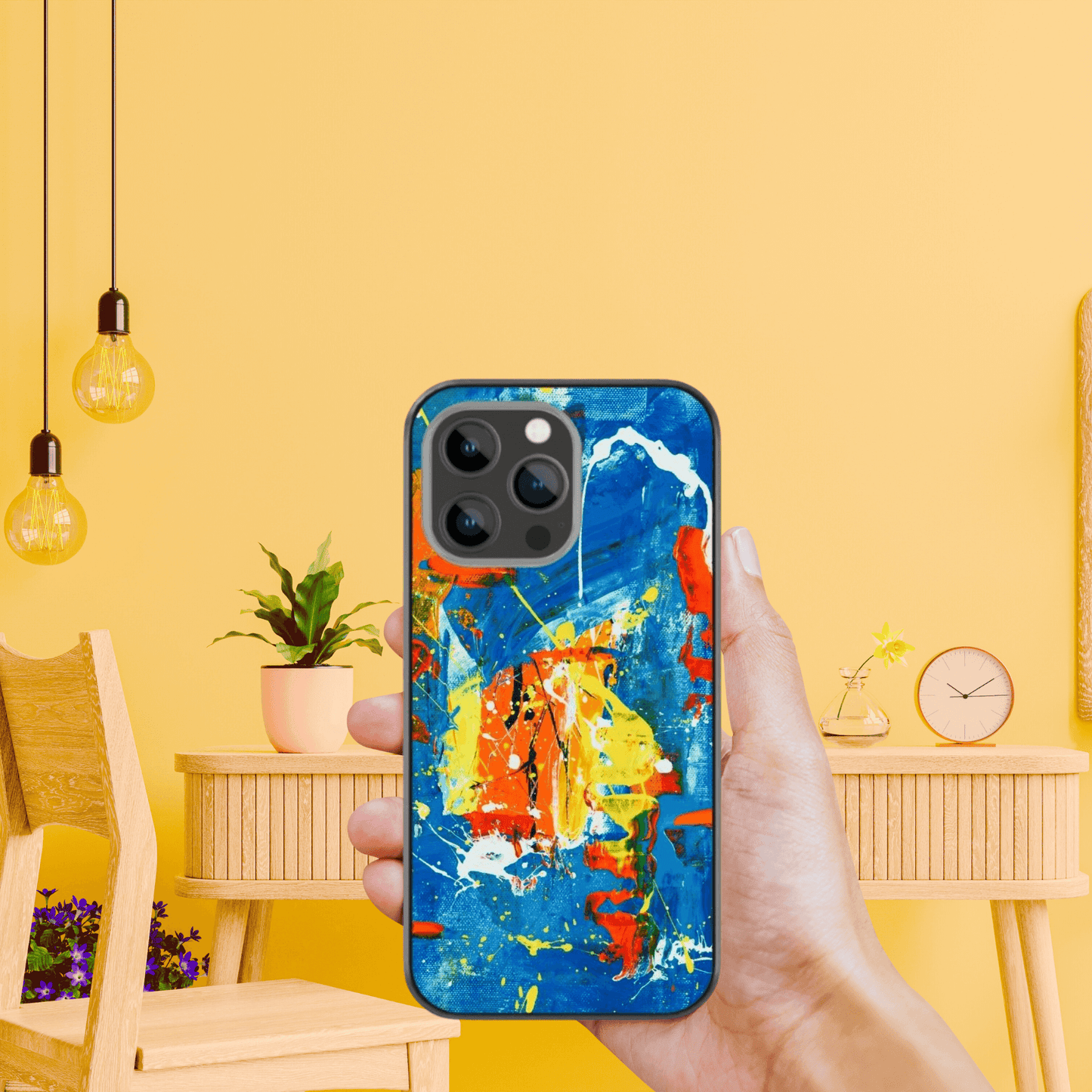 This glass phone case features abstract art with blue, orange and yellow paint and red highlights, giving it an aesthetic and artsy vibe. It's one of the elegant iphone cases, perfect for turning heads. Available as an iPhone case, OnePlus case, or Samsung case.