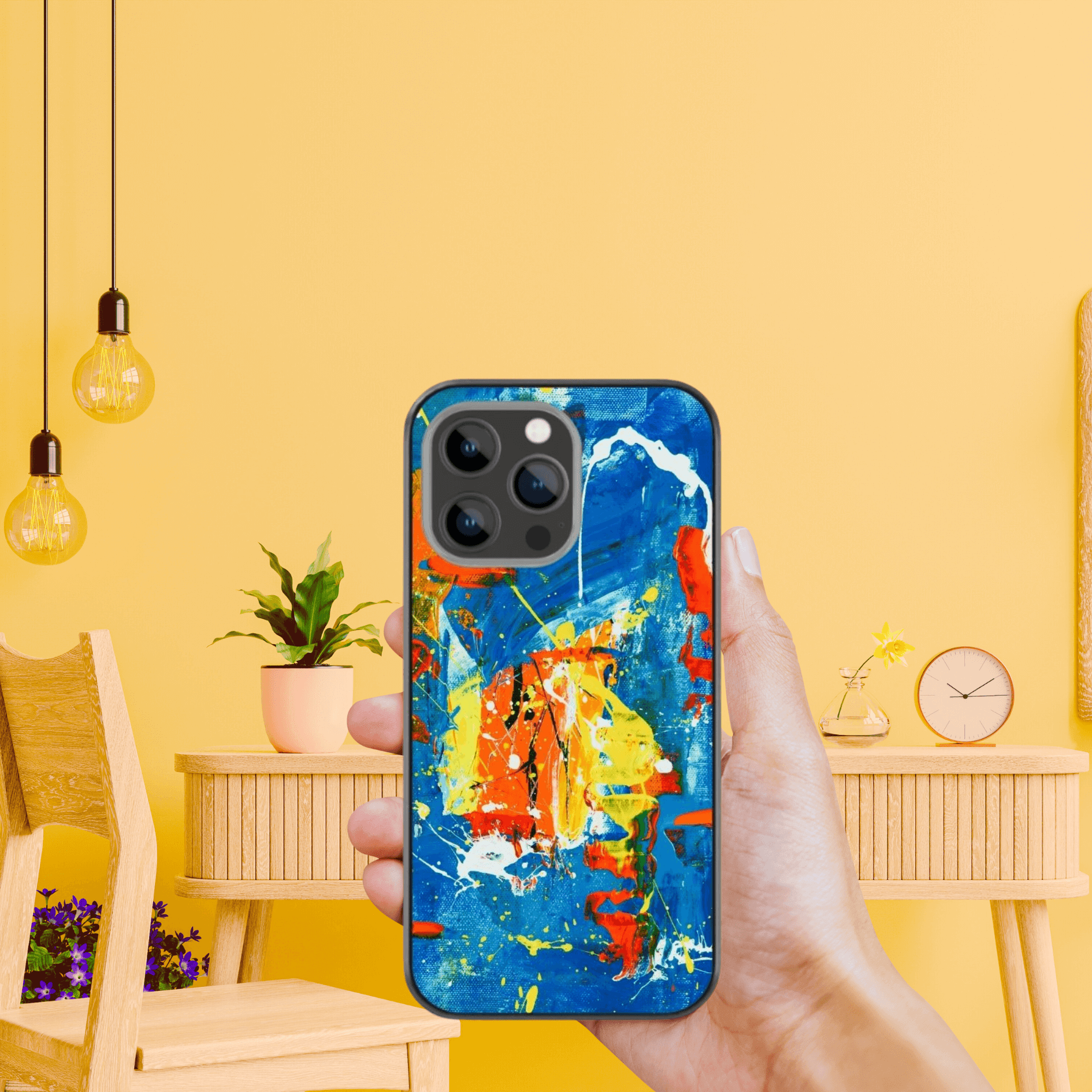 This glass phone case features abstract art with blue, orange and yellow paint and red highlights, giving it an aesthetic and artsy vibe. It's one of the elegant iphone cases, perfect for turning heads. Available as an iPhone case, OnePlus case, or Samsung case.