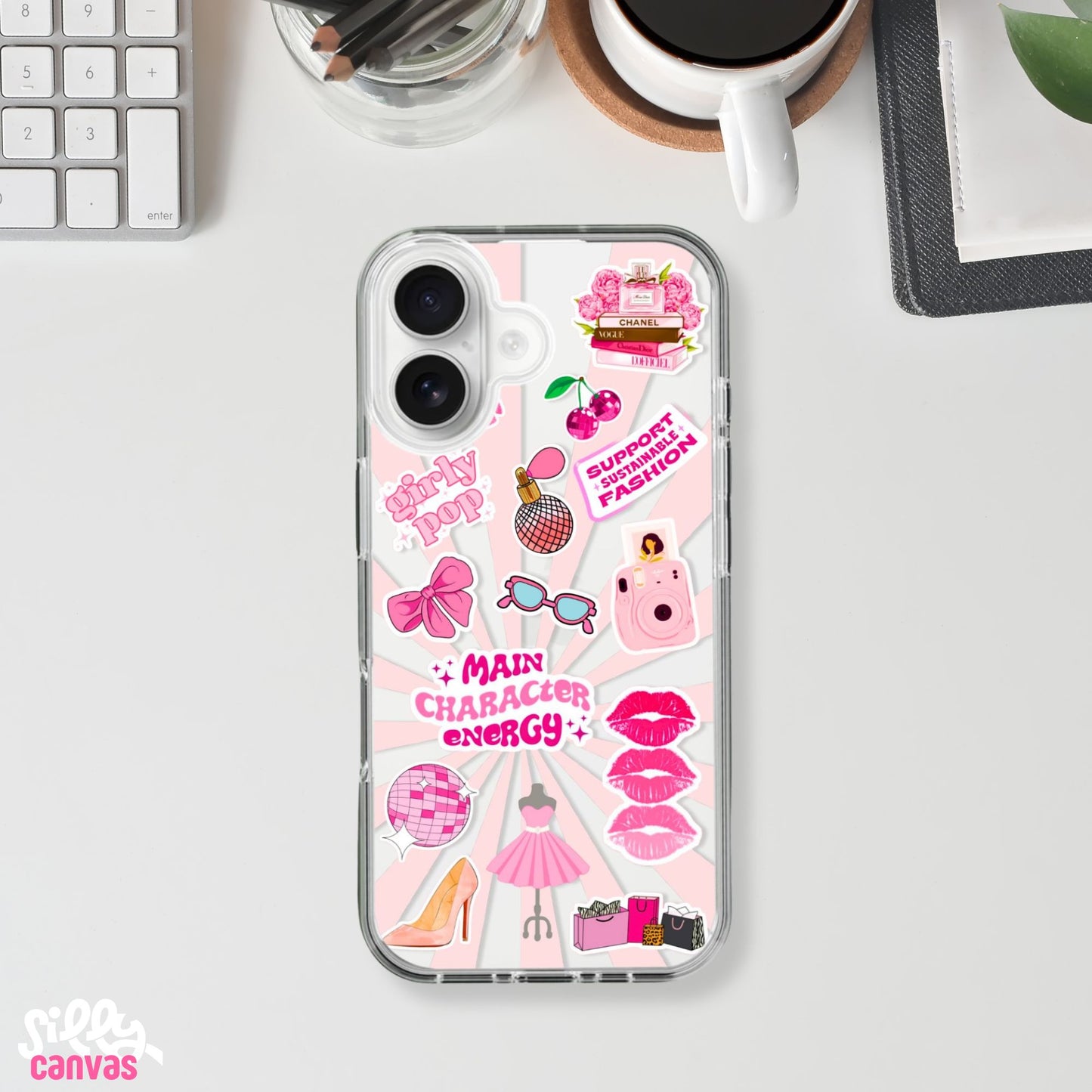 Clear Silicone Case Pink Main Character Energy Fashion Sticker
