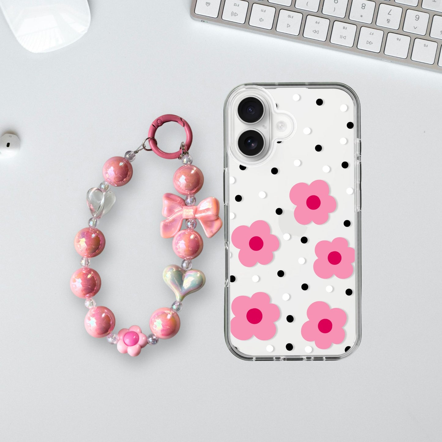 Flower Polka Dots Charm Case - Silicone Clear Case with Charm