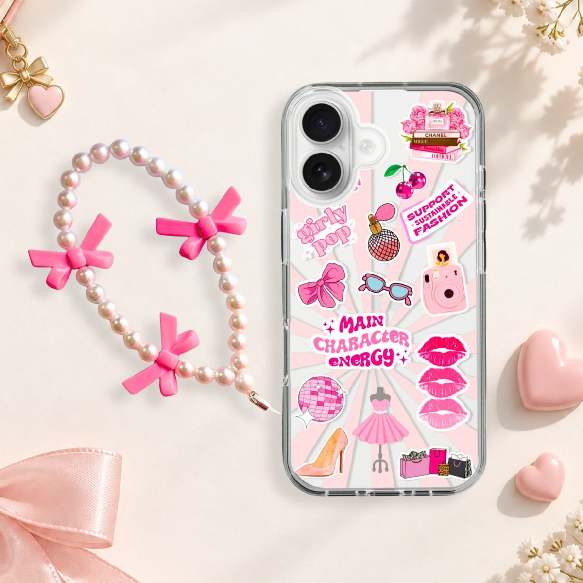 Silicone Clear Case with Pink Bow Charm Fashion Stickers Main Character